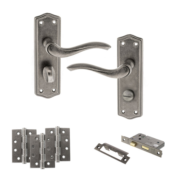 Old English Warwick Door Handle Pack (Bathroom Set - 2.5" CE Bathroom Lock, 4" Fire Rated Hinges x3) by Atlantic Hardware
