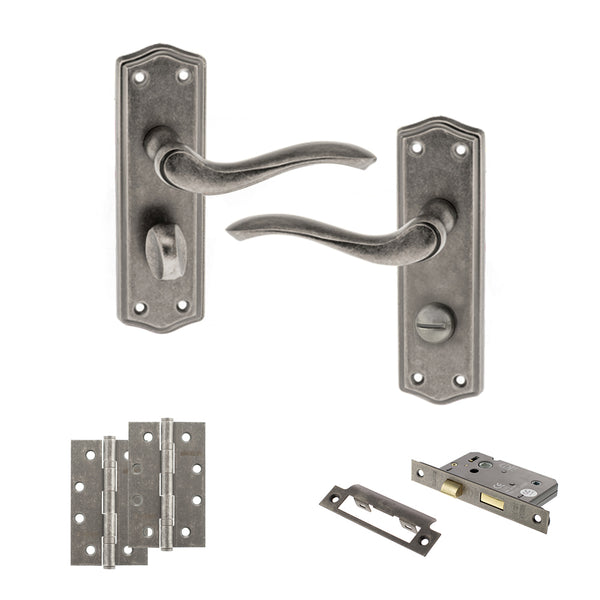 Old English Warwick Door Handle Pack (Bathroom Set - 3" CE Bathroom Lock, 4" Slim Knuckle Hinges x2) by Atlantic Hardware