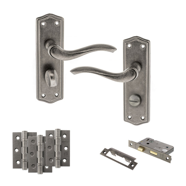 Old English Warwick Door Handle Pack (Bathroom Set - 2.5" CE Bathroom Lock, 3" Fire Rated Hinges x3) by Atlantic Hardware