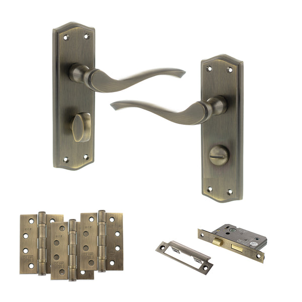 Old English Warwick Door Handle Pack (Bathroom Set - 2.5" CE Bathroom Lock, 4" Fire Rated Hinges x3) by Atlantic Hardware