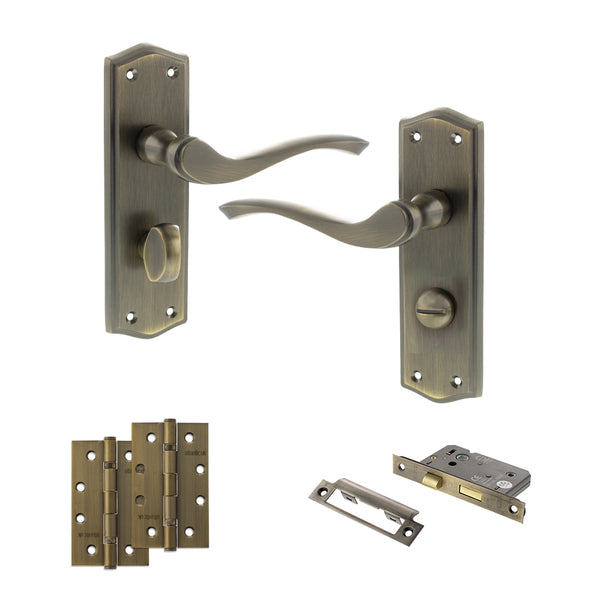 Old English Warwick Door Handle Pack (Bathroom Set - 3" CE Bathroom Lock, 4" Slim Knuckle Hinges x2) by Atlantic Hardware
