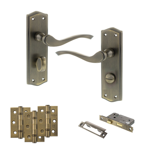 Old English Warwick Door Handle Pack (Bathroom Set - 2.5" CE Bathroom Lock, 3" Fire Rated Hinges x3) by Atlantic Hardware