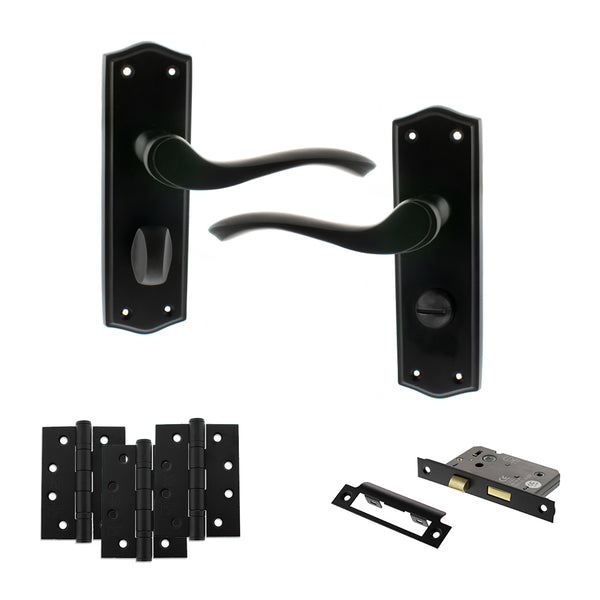 Old English Warwick Door Handle Pack (Bathroom Set - 2.5" CE Bathroom Lock, 4" Fire Rated Hinges x3) by Atlantic Hardware
