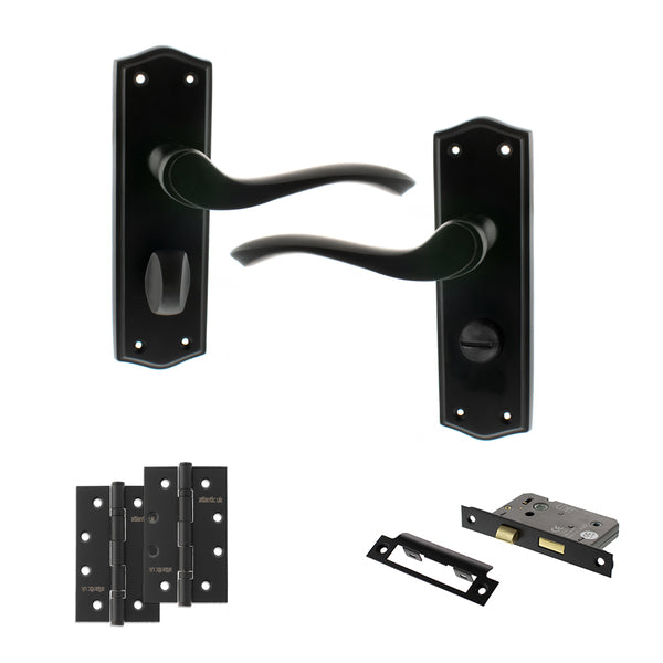 Old English Warwick Door Handle Pack (Bathroom Set - 2.5" CE Bathroom Lock, 4" Slim Knuckle Hinges x2) by Atlantic Hardware
