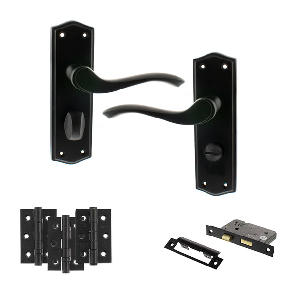 Old English Warwick Door Handle Pack (Bathroom Set - 3" CE Bathroom Lock, 3" Fire Rated Hinges x3) by Atlantic Hardware