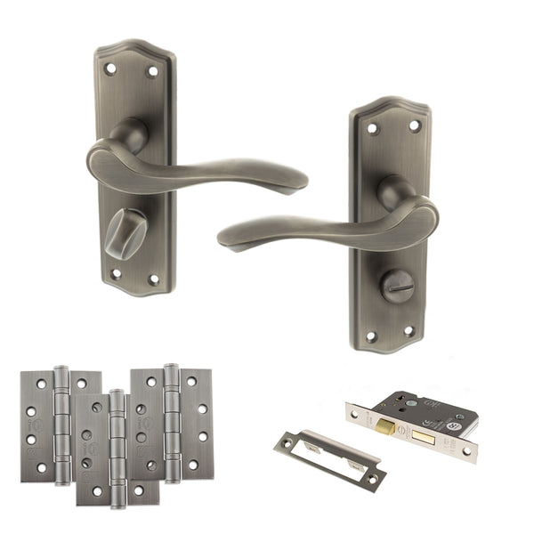 Old English Warwick Door Handle Pack (Bathroom Set - 3" CE Bathroom Lock, 4" Fire Rated Hinges x3) by Atlantic Hardware