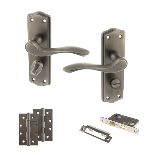 Old English Warwick Door Handle Pack (Bathroom Set - 3" CE Bathroom Lock, 4" Slim Knuckle Hinges x2) by Atlantic Hardware
