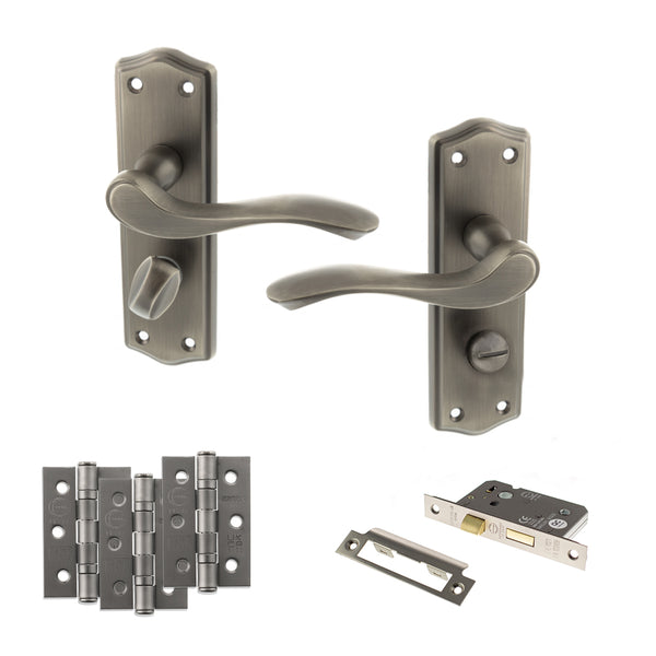 Old English Warwick Door Handle Pack (Bathroom Set - 2.5" CE Bathroom Lock, 3" Fire Rated Hinges x3) by Atlantic Hardware