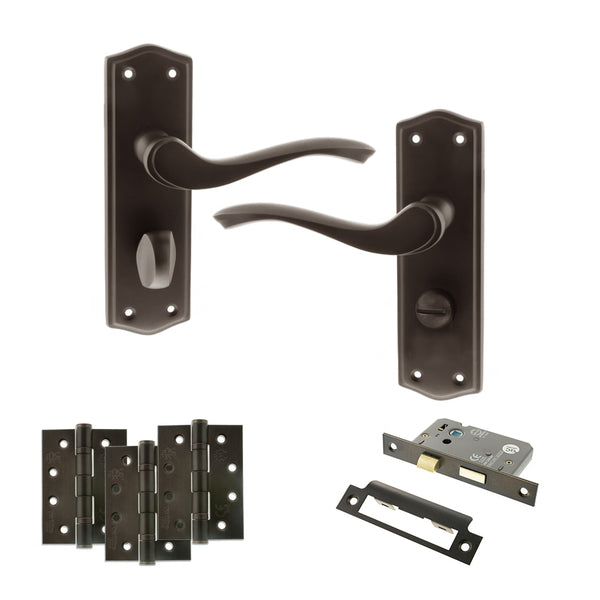 Old English Warwick Door Handle Pack (Bathroom Set - 3" CE Bathroom Lock, 4" Fire Rated Hinges x3) by Atlantic Hardware