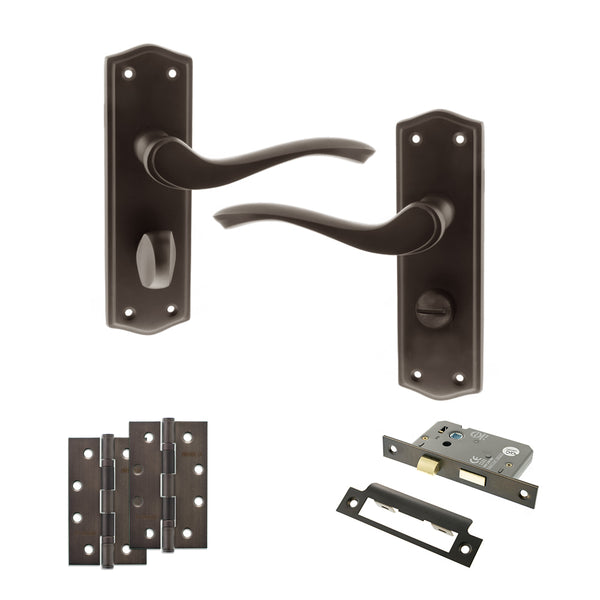 Old English Warwick Door Handle Pack (Bathroom Set - 2.5" CE Bathroom Lock, 4" Slim Knuckle Hinges x2) by Atlantic Hardware