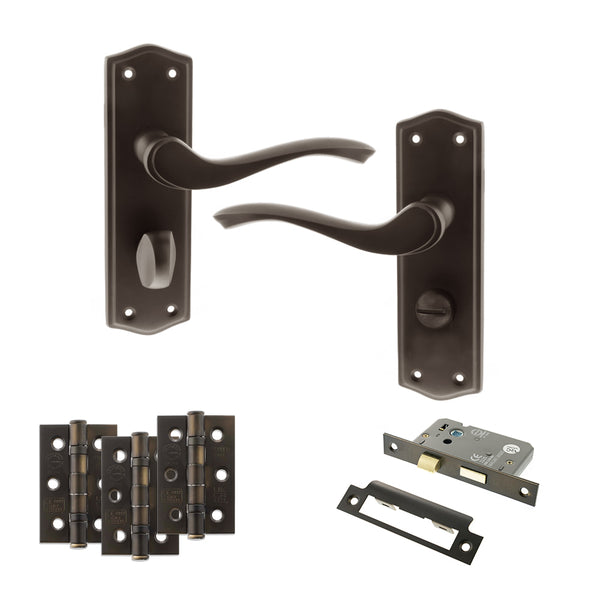 Old English Warwick Door Handle Pack (Bathroom Set - 3" CE Bathroom Lock, 3" Fire Rated Hinges x3) by Atlantic Hardware