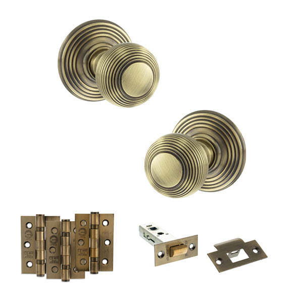 Old English Ripon Door Knob Pack (Latch Set - 4" HD Latch, 3" Fire Rated Hinges x3) by Atlantic Hardware