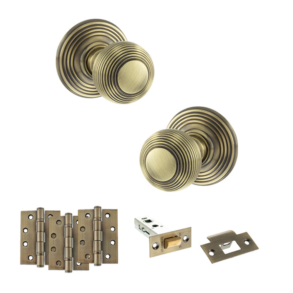 Old English Ripon Door Knob Pack (Latch Set - 3" HD Latch, 4" Fire Rated Hinges x3) by Atlantic Hardware