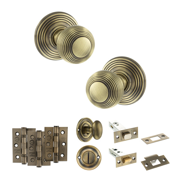 Old English Ripon Door Knob Pack (Bathroom Set - 4" Deadbolt, 3" Fire Rated Hinges x3) by Atlantic Hardware