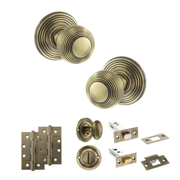 Old English Ripon Door Knob Pack (Bathroom Set - 4" Deadbolt, 4" Slim Knuckle Hinges x2) by Atlantic Hardware
