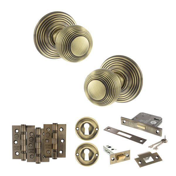 Old English Ripon Door Knob Pack (Lock Set - 3" Latch & Deadlock, 3" Fire Rated Hinges x3) by Atlantic Hardware