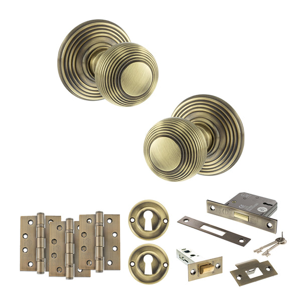 Old English Ripon Door Knob Pack (Lock Set - 3" Latch & Deadlock, 4" Fire Rated Hinges x3) by Atlantic Hardware