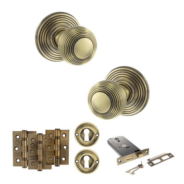 Old English Ripon Door Knob Pack (Lock Set - Horizontal Sashlock, 3" Fire Rated Hinges x3) by Atlantic Hardware