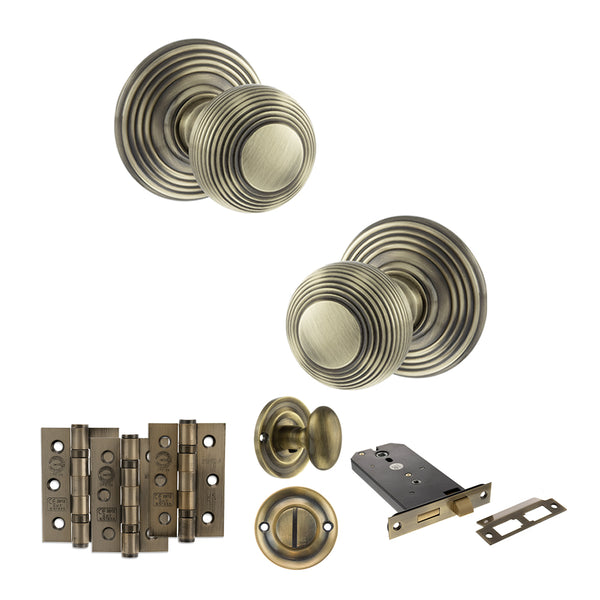 Old English Ripon Door Knob Pack (Lock Set - Horizontal Bathlock, 3" Fire Rated Hinges x3) by Atlantic Hardware