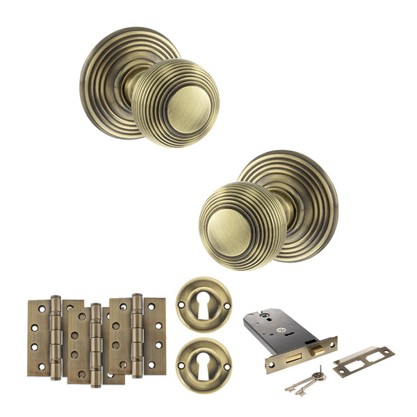 Old English Ripon Door Knob Pack (Lock Set - Horizontal Sashlock, 4" Fire Rated Hinges x3) by Atlantic Hardware