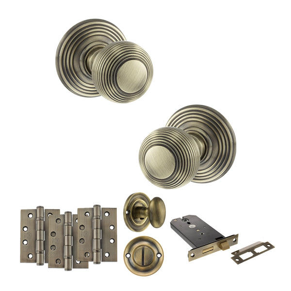 Old English Ripon Door Knob Pack (Lock Set - Horizontal Bathlock, 4" Fire Rated Hinges x3) by Atlantic Hardware