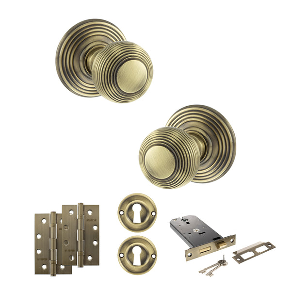 Old English Ripon Door Knob Pack (Lock Set - Horizontal Sashlock, 4" Slim Knuckle Hinges x2) by Atlantic Hardware