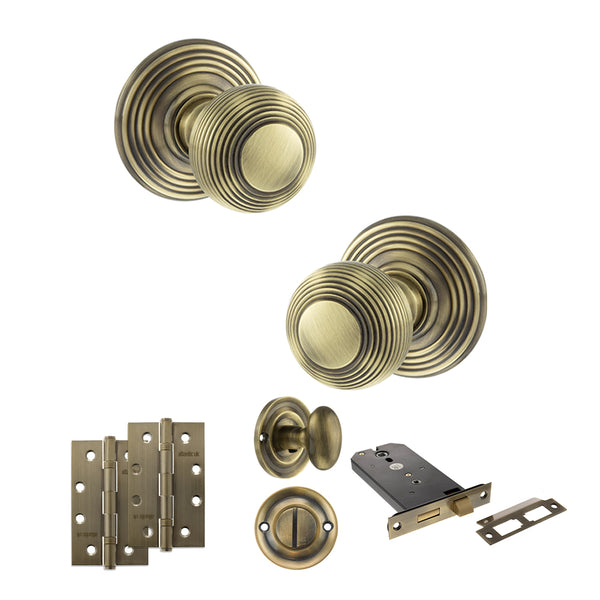 Old English Ripon Door Knob Pack (Lock Set - Horizontal Bathlock, 4" Slim Knuckle Hinges x2) by Atlantic Hardware