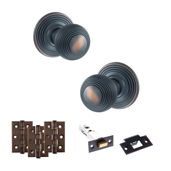 Old English Ripon Door Knob Pack (Latch Set - 3" HD Latch, 3" Fire Rated Hinges x3) by Atlantic Hardware