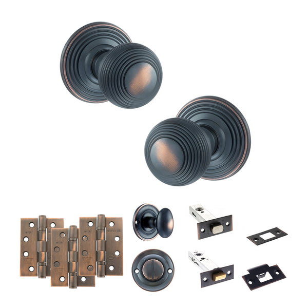 Old English Ripon Door Knob Pack (Bathroom Set - 4" Deadbolt, 4" Fire Rated Hinges x3) by Atlantic Hardware