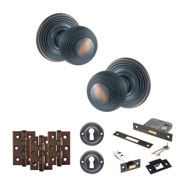 Old English Ripon Door Knob Pack (Lock Set - 3" Latch & Deadlock, 3" Fire Rated Hinges x3) by Atlantic Hardware
