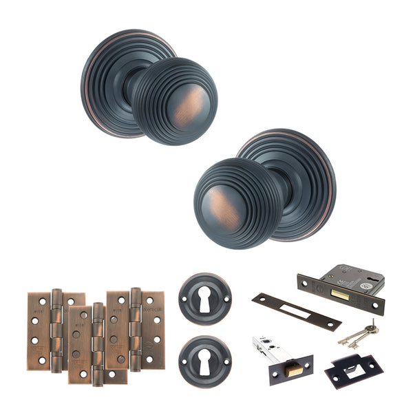 Old English Ripon Door Knob Pack (Lock Set - 3" Latch & Deadlock, 4" Fire Rated Hinges x3) by Atlantic Hardware