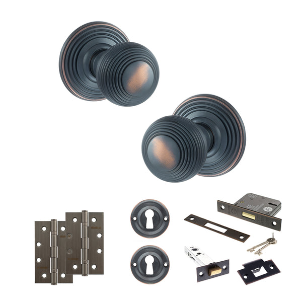 Old English Ripon Door Knob Pack (Lock Set - 3" Latch & Deadlock, 4" Slim Knuckle Hinges x2) by Atlantic Hardware