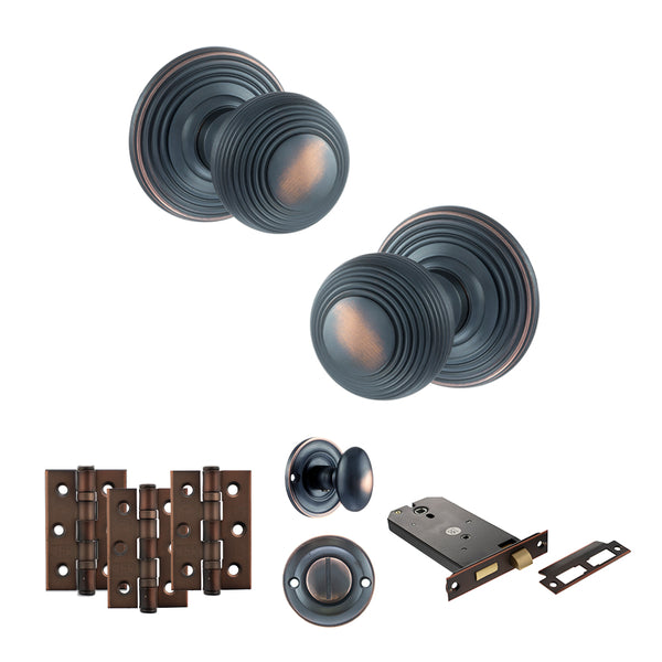 Old English Ripon Door Knob Pack (Lock Set - Horizontal Bathlock, 3" Fire Rated Hinges x3) by Atlantic Hardware