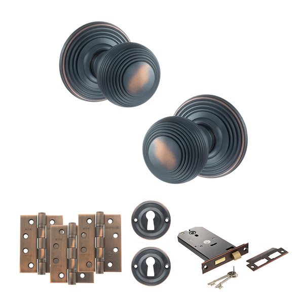 Old English Ripon Door Knob Pack (Lock Set - Horizontal Sashlock, 4" Fire Rated Hinges x3) by Atlantic Hardware