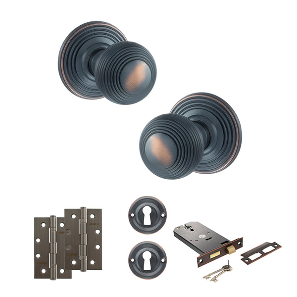 Old English Ripon Door Knob Pack (Lock Set - Horizontal Sashlock, 4" Slim Knuckle Hinges x2) by Atlantic Hardware
