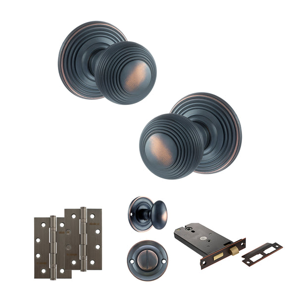 Old English Ripon Door Knob Pack (Lock Set - Horizontal Bathlock, 4" Slim Knuckle Hinges x2) by Atlantic Hardware