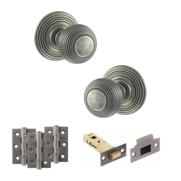 Old English Ripon Door Knob Pack (Latch Set - 4" HD Latch, 3" Fire Rated Hinges x3) by Atlantic Hardware
