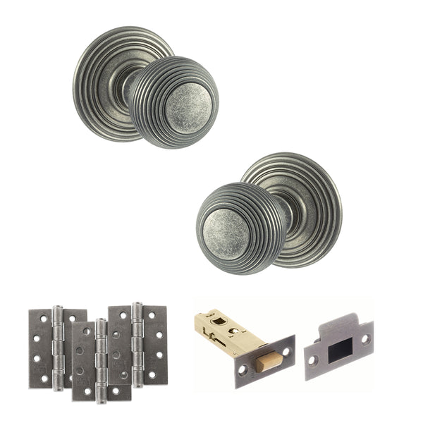 Old English Ripon Door Knob Pack (Latch Set - 4" HD Latch, 4" Fire Rated Hinges x3) by Atlantic Hardware