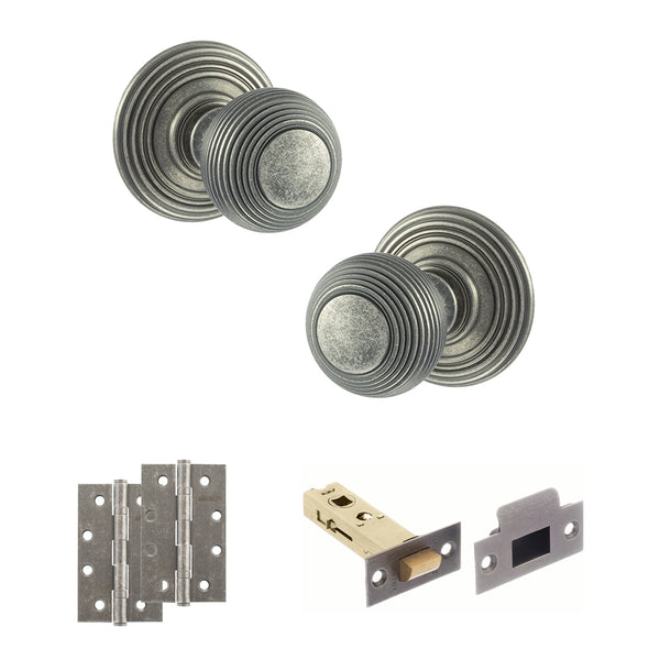 Old English Ripon Door Knob Pack (Latch Set - 4" HD Latch, 4" Slim Knuckle Hinges x2) by Atlantic Hardware