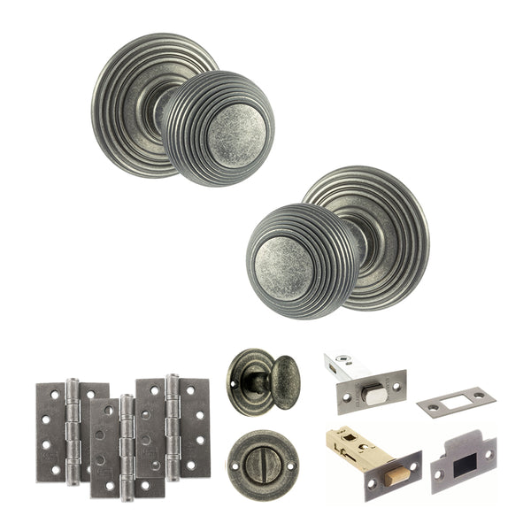 Old English Ripon Door Knob Pack (Bathroom Set - 4" Deadbolt, 4" Fire Rated Hinges x3) by Atlantic Hardware