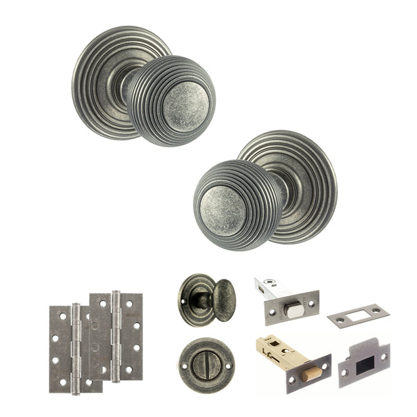 Old English Ripon Door Knob Pack (Bathroom Set - 4" Deadbolt, 4" Slim Knuckle Hinges x2) by Atlantic Hardware