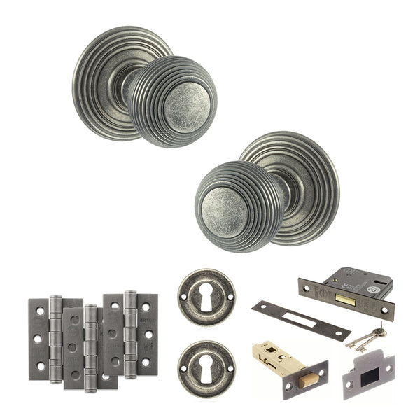 Old English Ripon Door Knob Pack (Lock Set - 3" Latch & Deadlock, 3" Fire Rated Hinges x3) by Atlantic Hardware