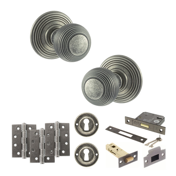 Old English Ripon Door Knob Pack (Lock Set - 3" Latch & Deadlock, 4" Fire Rated Hinges x3) by Atlantic Hardware