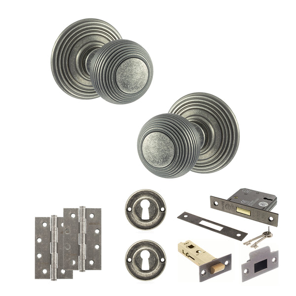 Old English Ripon Door Knob Pack (Lock Set - 3" Latch & Deadlock, 4" Slim Knuckle Hinges x2) by Atlantic Hardware