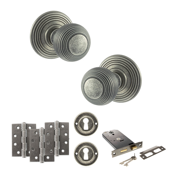 Old English Ripon Door Knob Pack (Lock Set - Horizontal Sashlock, 3" Fire Rated Hinges x3) by Atlantic Hardware