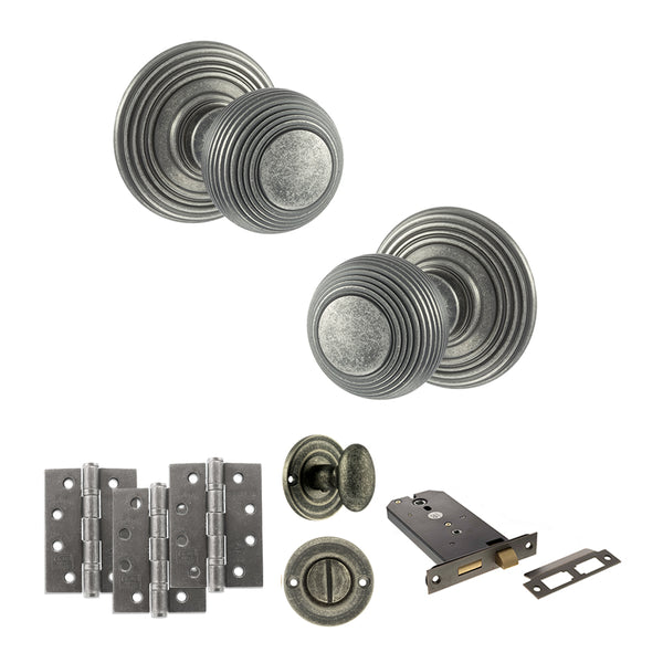 Old English Ripon Door Knob Pack (Lock Set - Horizontal Bathlock, 3" Fire Rated Hinges x3) by Atlantic Hardware