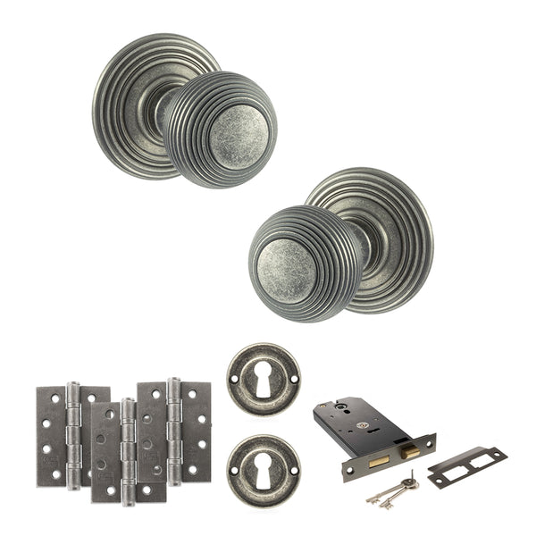 Old English Ripon Door Knob Pack (Lock Set - Horizontal Sashlock, 4" Fire Rated Hinges x3) by Atlantic Hardware