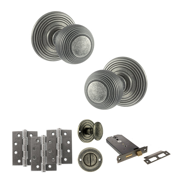 Old English Ripon Door Knob Pack (Lock Set - Horizontal Bathlock, 4" Fire Rated Hinges x3) by Atlantic Hardware