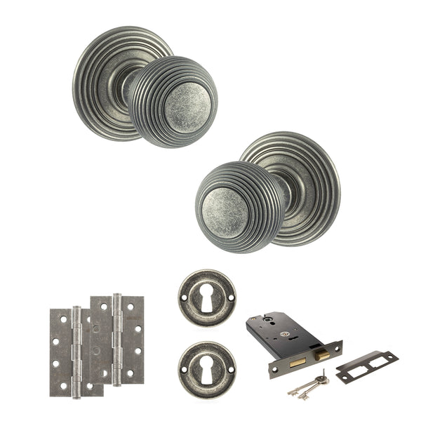 Old English Ripon Door Knob Pack (Lock Set - Horizontal Sashlock, 4" Slim Knuckle Hinges x2) by Atlantic Hardware