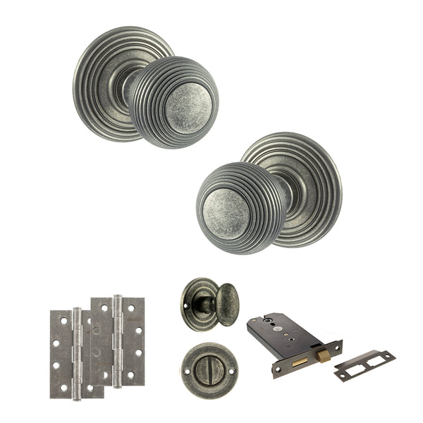Old English Ripon Door Knob Pack (Lock Set - Horizontal Bathlock, 4" Slim Knuckle Hinges x2) by Atlantic Hardware